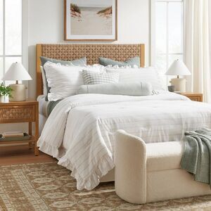 King Yarn-Dye Ruffle Quilted Comforter Set - White/Khaki Studio McGee